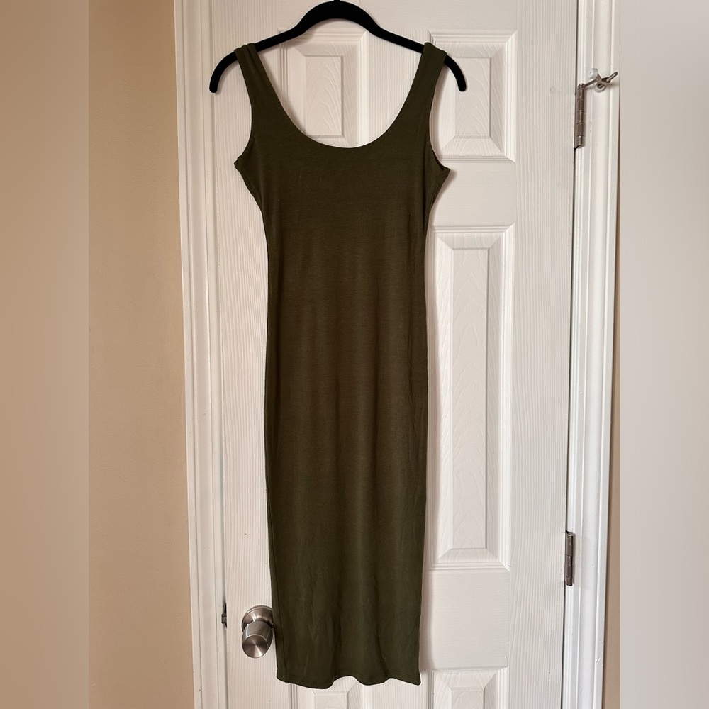 Naked Wardrobe Double Layered Scoop Neck Midi Dress in Olive